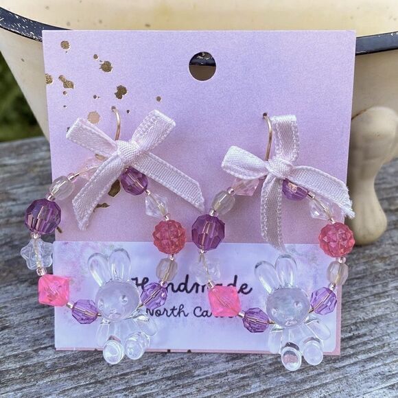 Handmade Pink Circle Bunny Earrings. New! - Picture 1 of 3